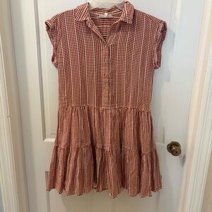 Lou & Grey Red Gingham Button-Front Tiered Short Sleeve Dress Size Small
